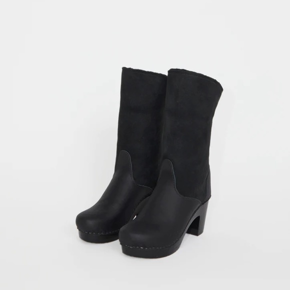 No.6 9" Pull On Shearling Clog Boot on High Heel in Black Suede on Black Base - Picture 3 of 9